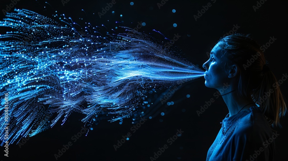 Projected Particles Light Interactive Woman experiencing interactive digital particle stream. Blue light ...