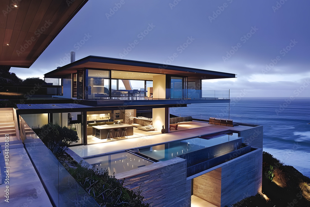 Modern contemporary illuminated house design exterior. Luxurious new construction home with panoramic windows, pool, patio
