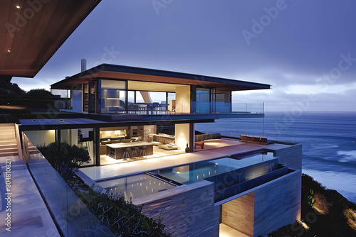 Modern contemporary illuminated house design exterior. Luxurious new construction home with panoramic windows  pool  patio