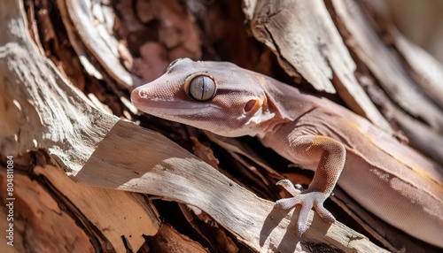 Close-up photo of a gecko that blends in with the log