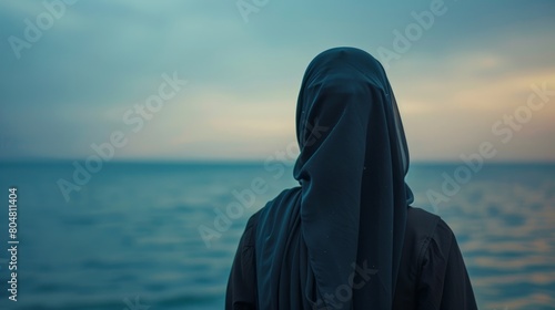 Azure Contemplation: Woman in a Blue Scarf Gazing at the Vast Ocean.