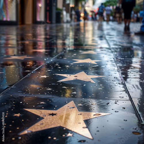 Glistening Stars on the Hollywood Walk of Fame after Rain