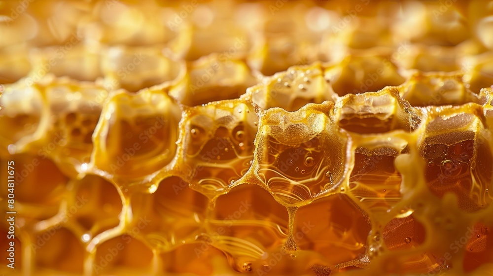 Golden Elixir: Close-Up of Honeycomb with Amber Honey Cascading in Luscious Drops. Golden Elixir: Close-Up of Honeycomb with Amber Honey Cascading in Luscious Drops.