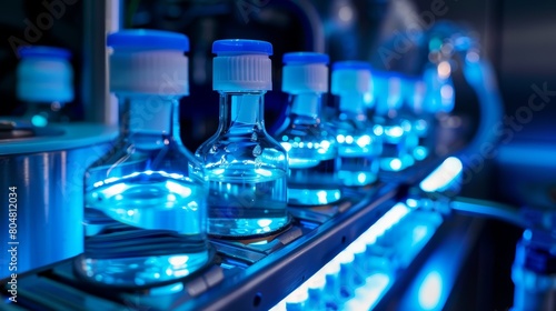 Glass bottles containing clear blue liquid on a conveyor in a laboratory. Industrial research and development concept.