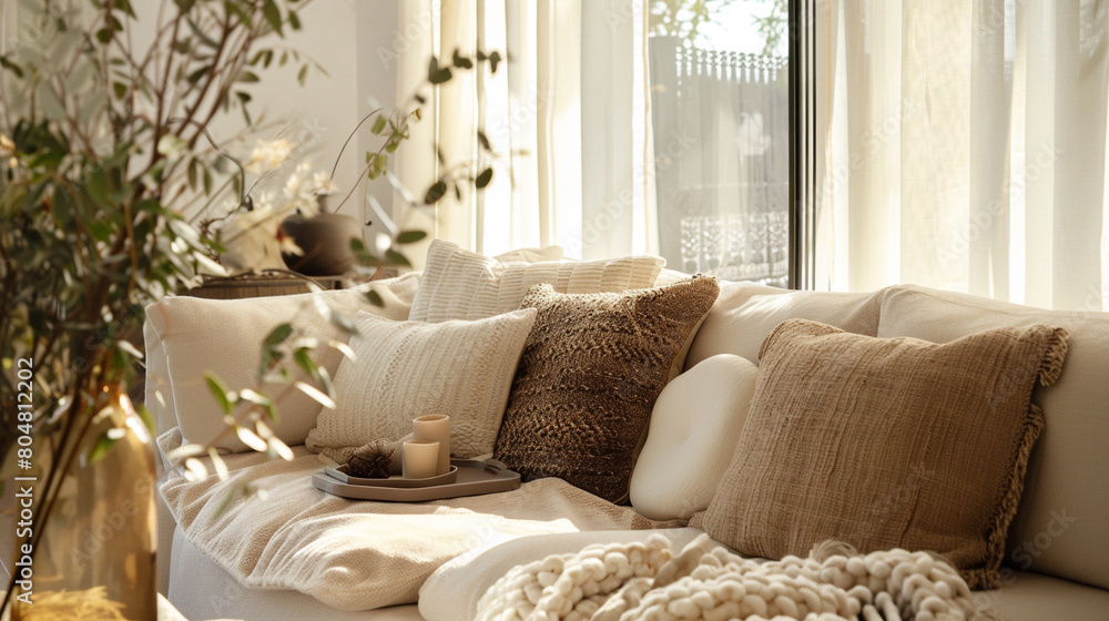 a cozy living room interior with sofa