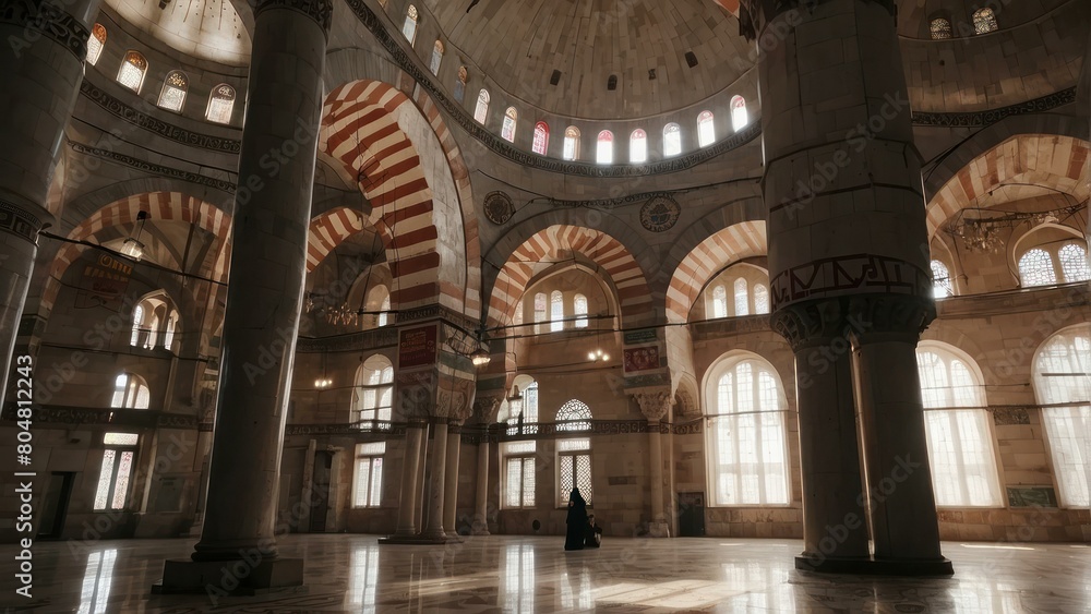 Obraz premium Solemn and serene mosque interior bathed in sunlight