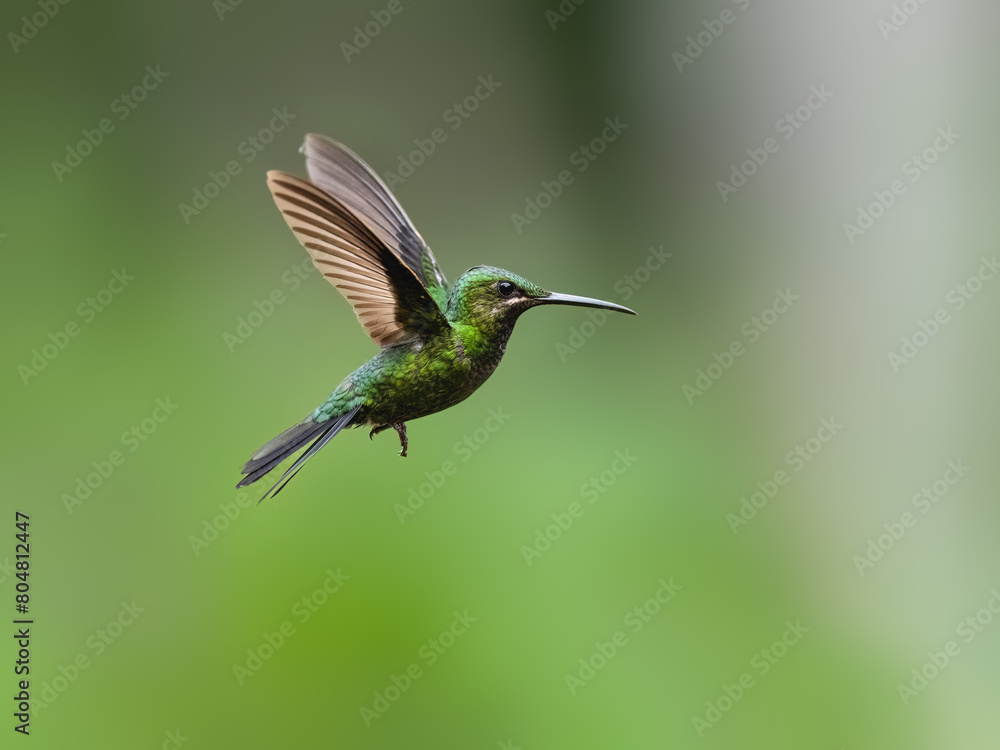 Fototapeta premium Black-throated Brilliant Hummingbird in flight on green background