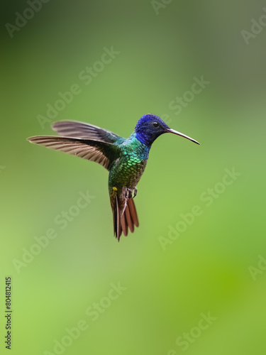 Golden-tailed Sapphire Hummingbird in flight on green background