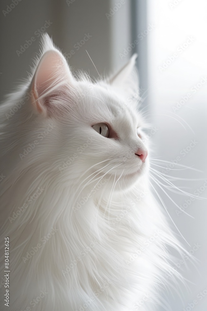 Close-up shot of elegant white cat, showcasing furry details and expressive features in neutral studio. Close-up shot of elegant white cat, showcasing furry details and expressive features in neutral studio.