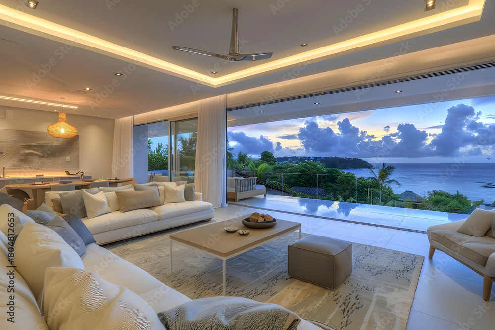 Modern contemporary illuminated house design exterior. Luxurious new construction home with panoramic windows, pool, patio Modern contemporary illuminated house design exterior. Luxurious new construction home with panoramic windows, pool, patio