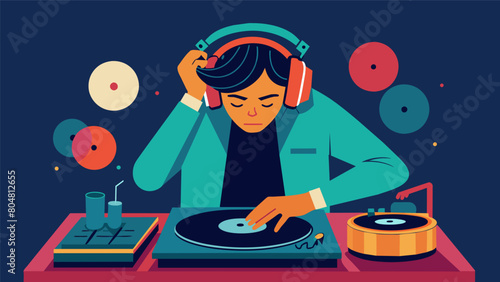 The DJ bobs their head in time with the music completely absorbed in the vinyl set they are creating for the crowd. Vector illustration