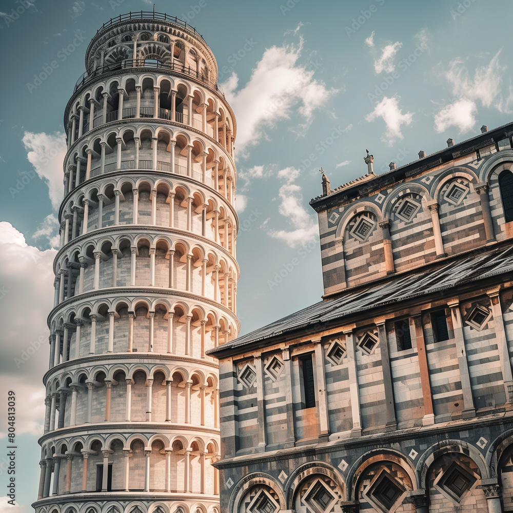 Leaning Tower of Pisa Against Blue Sky with Clouds
