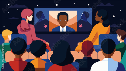 Surrounded by artwork celebrating black heritage a group of viewers sit in a screening room immersed in a documentary about the origins and. Vector illustration