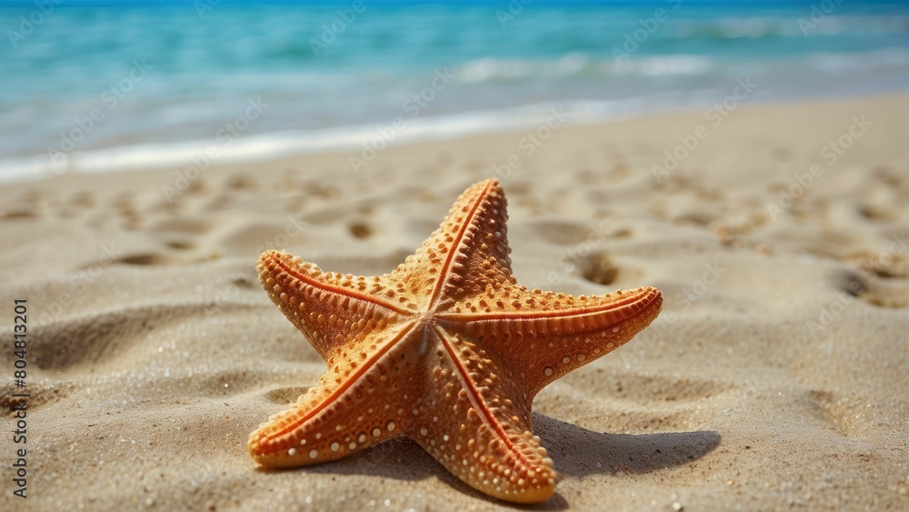 A starfish on sandy beach with ocean backdrop capturing summer vibes A starfish on sandy beach with ocean backdrop capturing summer vibes