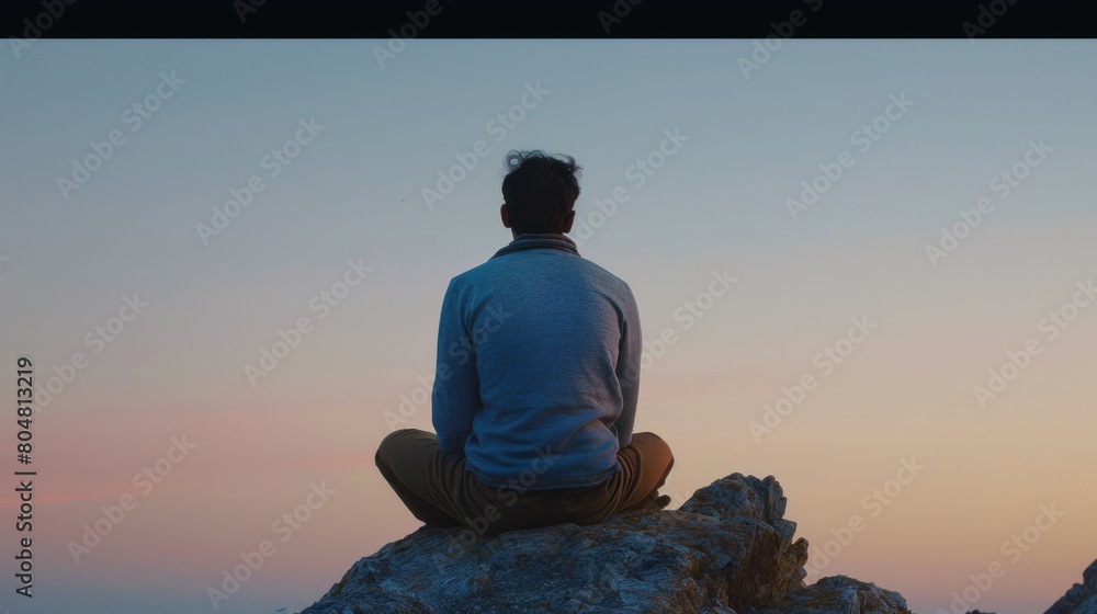 Obraz premium A man sits on a rock overlooking a beautiful sunset
