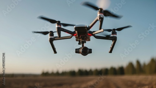 Drone with camera flying outdoors under clear sky at dusk