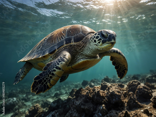Diving sea turtle swimming in the sea