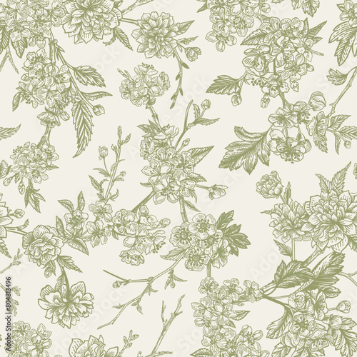 Seamless floral pattern. Vector botanical background. Tree branches with flowers. Vintage style. Green