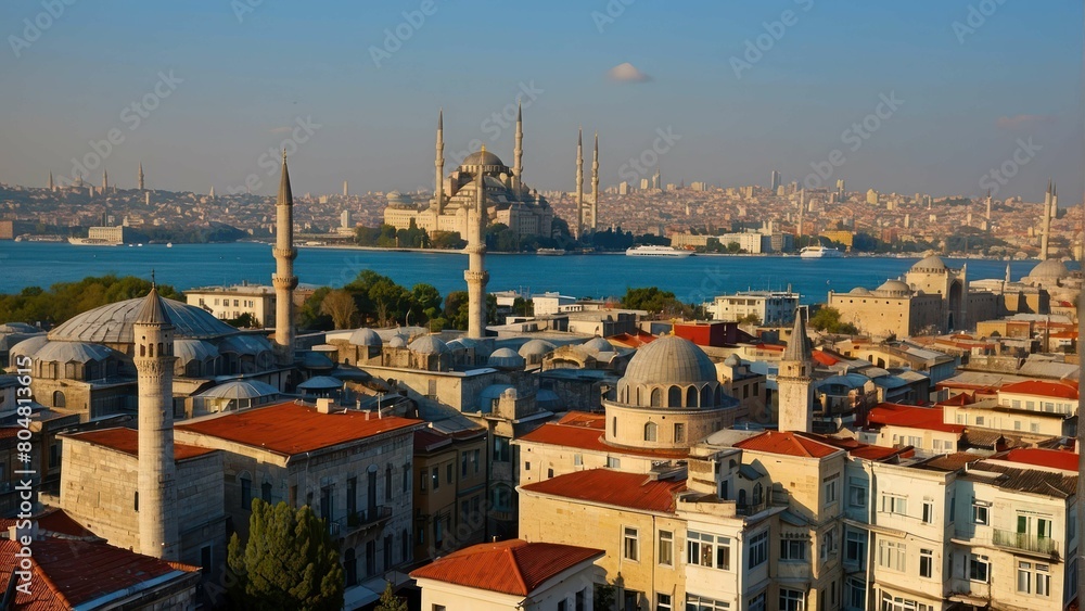 Fototapeta premium Panoramic view of Istanbul skyline with mosques and Bosphorus