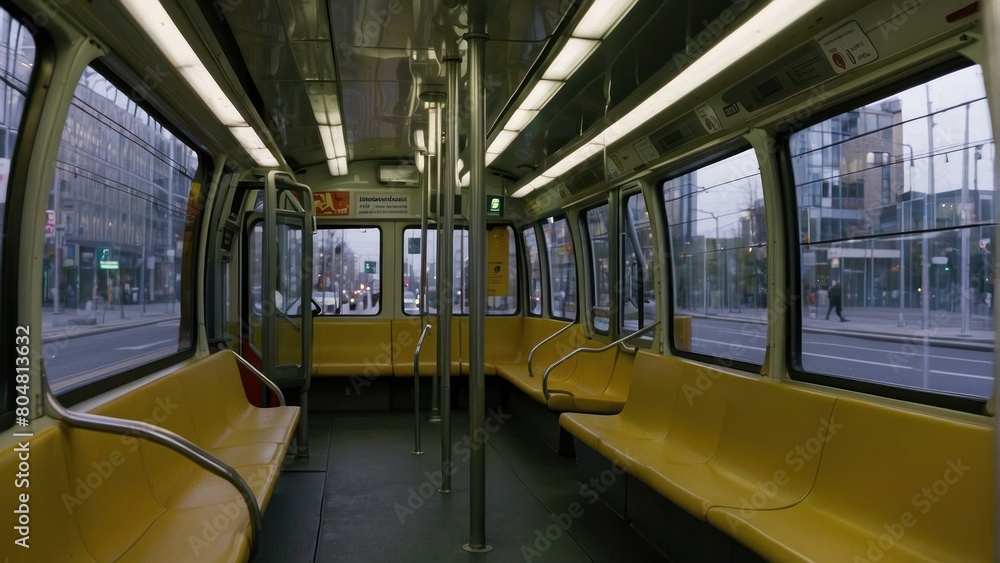 Obraz premium Empty modern tram interior with yellow seats and panoramic windows
