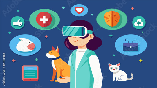 A virtual reality experience where users can interact with a lifelike virtual pet to learn about common health concerns and how to properly care for. Vector illustration photo