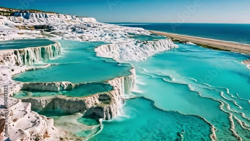 Landscape view of pamukkale’s travertines or white calcium terraces filled with turquoise thermal waters, showcasing nature’s artistry photo