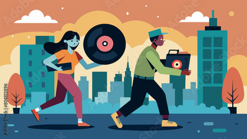 Armed with a keen eye and a love for music city residents take to the streets on a quest for the most elusive limited edition vinyl records. Vector illustration