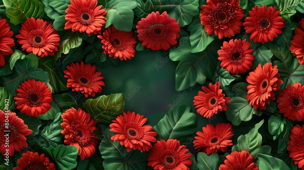 At the center of a lush green backdrop lies a strikingly large bouquet featuring vibrant red gerbera daisies all beautifully captured from an aerial perspective This picturesque scene is pe At the center of a lush green backdrop lies a strikingly large bouquet featuring vibrant red gerbera daisies all beautifully captured from an aerial perspective This picturesque scene is pe