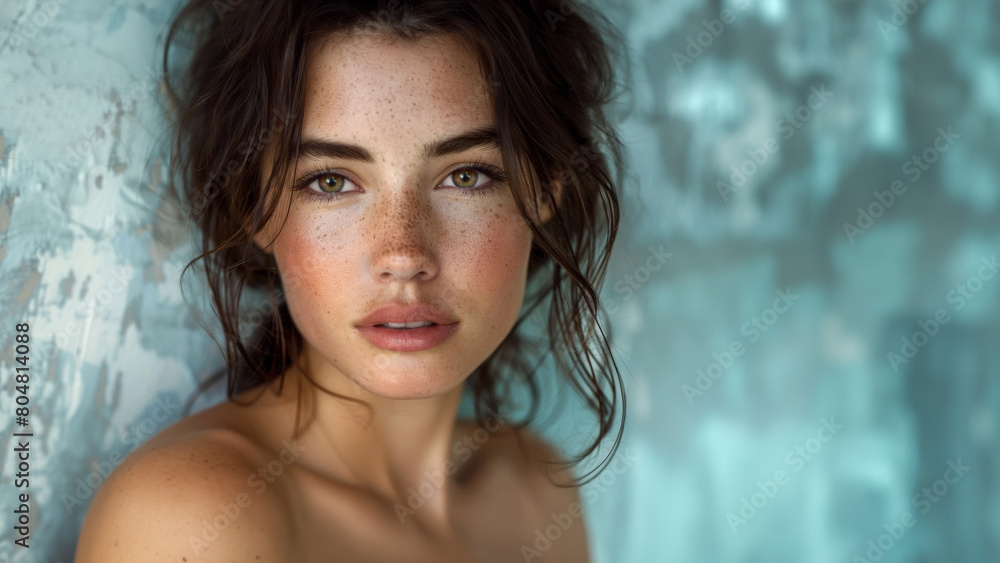 Studio portrait of a beautiful model with light freckles and a flawless, natural complexion. Skin care and cosmetics. Copy space.