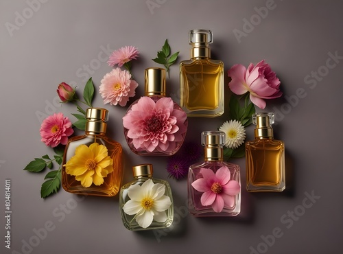 Floral fragrance - perfume bottles with flowers, top view 