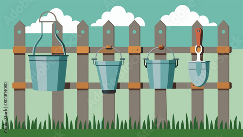 A row of galvanized buckets hanging from a garden fence are filled with an assortment of vintage hand tools creating a charming and functional. Vector illustration