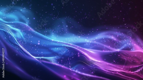 Abstract backround flowing waves of light in various shades of blue and purple against a dark background