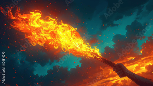 Fantasy Style Magical Torch Illustration with Bright Colorful Flame and Blue Orange Sky photo