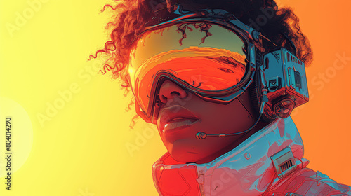 Cyberpunk Anime Warrior with Neon Mask Vector Illustration in Red Yellow Blue