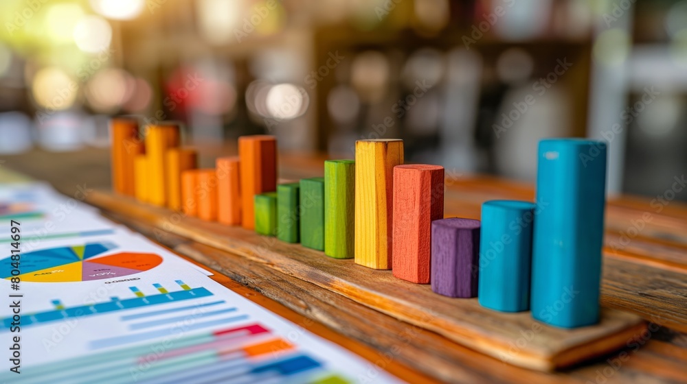 Colorful bar graph on wooden table with financial charts in the background, illustrating business growth and data analysis in a tangible setting. Colorful bar graph on wooden table with financial charts in the background, illustrating business growth and data analysis in a tangible setting.