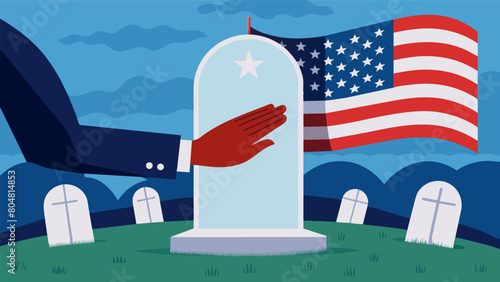 A stirring image of a veterans hand resting on a white gravestone adorned with an American flag as they remember and pay tribute to fallen comrades.. Vector illustration