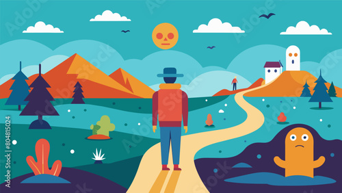 A handdrawn animation of a persons journey through different landscapes each representing a different aspect of their schizophrenia.. Vector illustration
