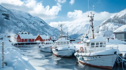 Harbor Landscape with Snow-Capped Mountains, Ocean, and Nautical Vessel © Ziyan
