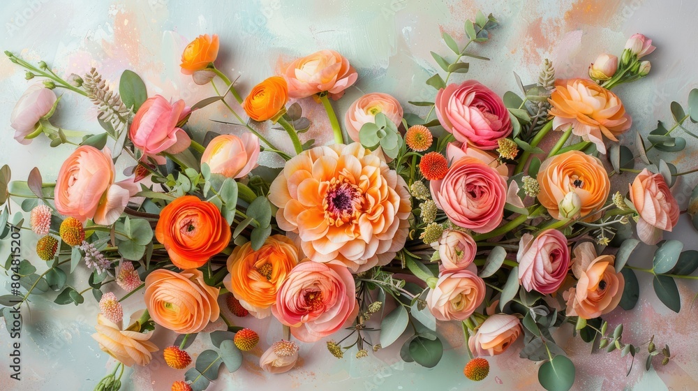 Capture the beauty of a stunning flower arrangement featuring vibrant orange blooms set against a soft pastel backdrop leaving ample room for personalized messages Perfect for weddings birt