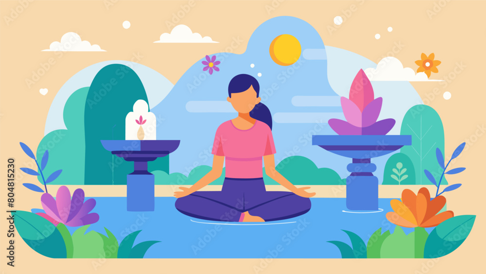 A person practicing yoga in their backyard surrounded by colorful flowers and a gentle fountain creating a peaceful and tranquil atmosphere.. Vector illustration