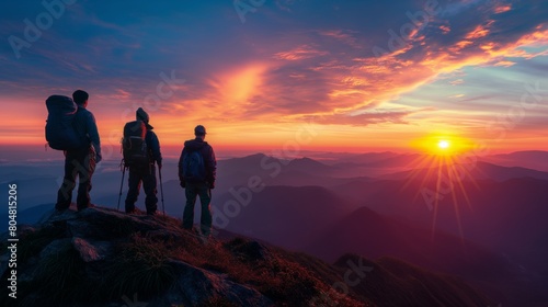 Three hikers observing sunrise from mountain peak  vivid sky and panoramic view enhancing sense of adventure and exploration  Concept of travel  adventure  and nature exploration