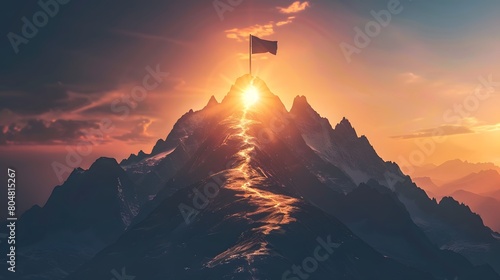 Glowing path leading to success concept with flag on peak of mountain photo