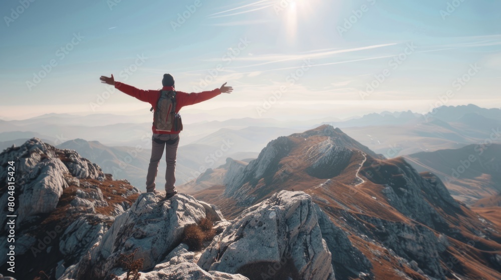 Mountain Majesty: Man on Summit with Arms Aloft, Embracing the Splendor of the Peaks.