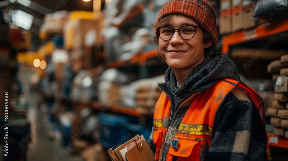 Young male warehouse worker with clipboard in orange safety vest, Concept of inventory management, logistic operations, and employee safety