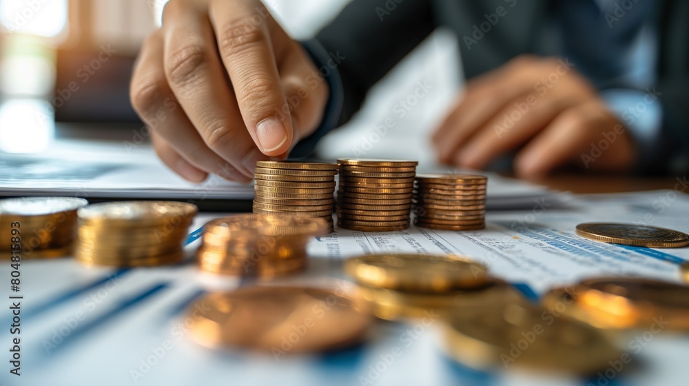 A business professional stacking coins on a financial chart, showcasing economic analysis and investment strategy, Concept of finance, growth, and economic planning A business professional stacking coins on a financial chart, showcasing economic analysis and investment strategy, Concept of finance, growth, and economic planning