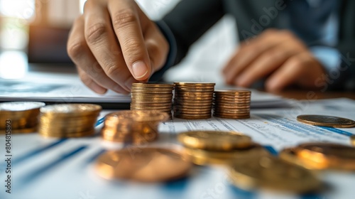 A business professional stacking coins on a financial chart, showcasing economic analysis and investment strategy, Concept of finance, growth, and economic planning