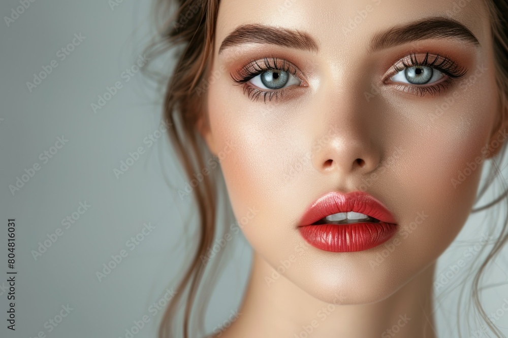 A woman with red lipstick and blue eyes A woman with red lipstick and blue eyes