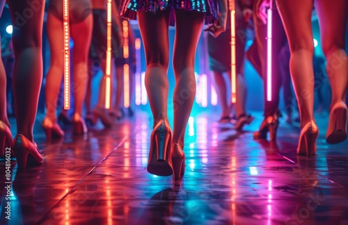 A group of women are dancing in a club with neon lights