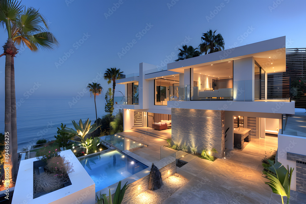 Fototapeta premium Modern contemporary illuminated house design exterior. Luxurious new construction home with panoramic windows, pool, patio