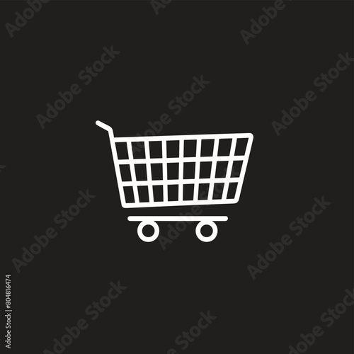 Minimalist white shopping cart icon on a dark background.